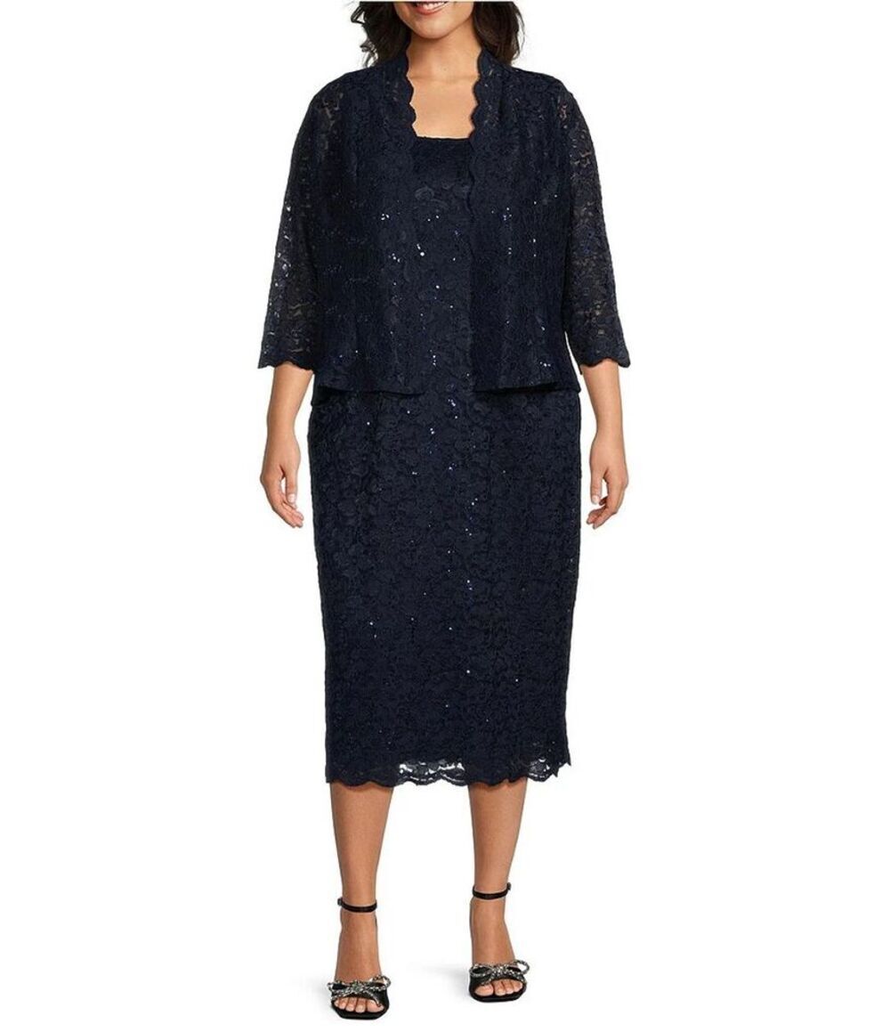 Alex Evenings Sequin Lace 2-Piece Jacket Dress Set Petite 10P Navy Blue Formal
